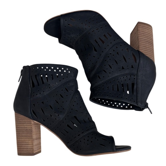 Suede Peep Toe Booties Chunky Block Heel Cut Out Heeled Ankle Booties Black - Picture 14 of 16